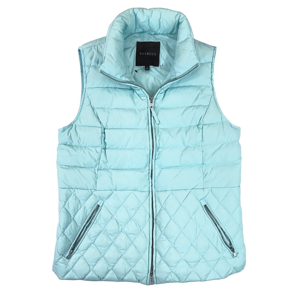 Talbots Down Puffer Vest Women Medium Aqua Blue Quilted 90% Down Zip Pockets EUC